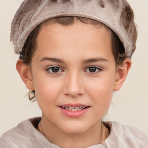 Joyful white child female with short  brown hair and brown eyes