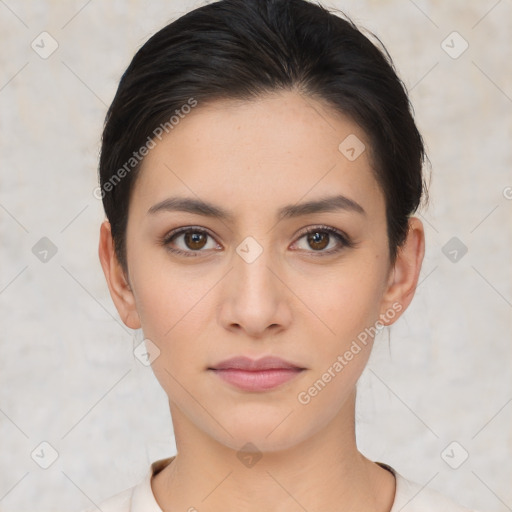 Neutral white young-adult female with short  brown hair and brown eyes