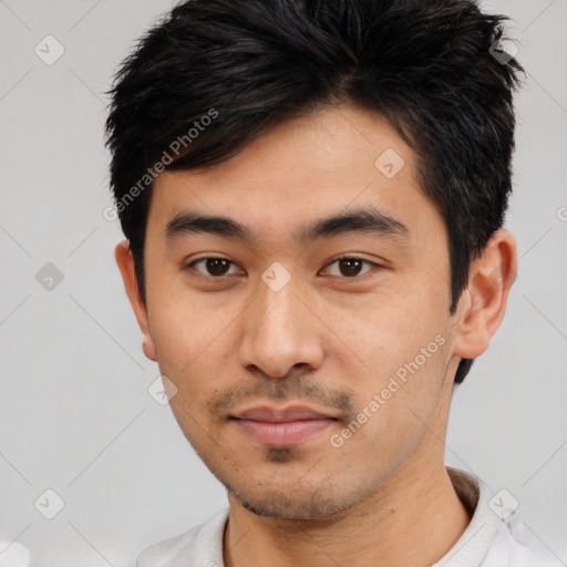 Neutral asian young-adult male with short  black hair and brown eyes