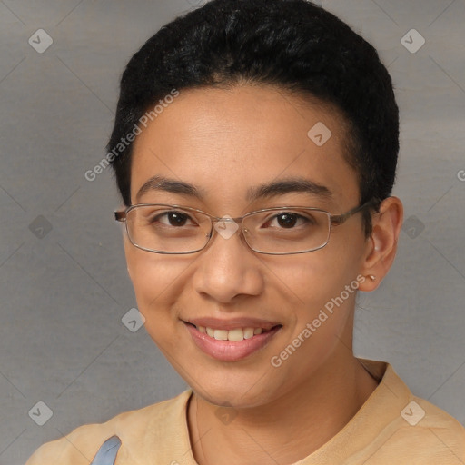 Joyful white young-adult female with short  black hair and brown eyes