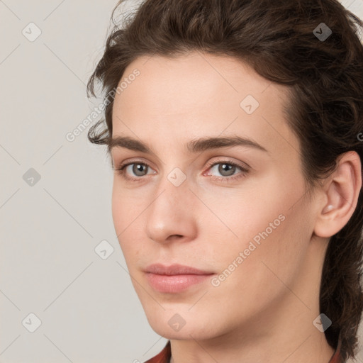 Neutral white young-adult female with medium  brown hair and grey eyes