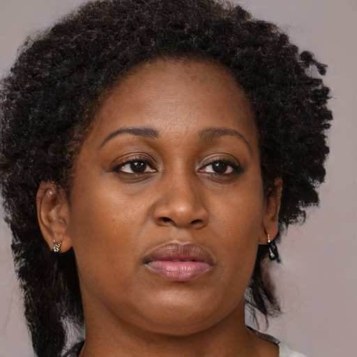 Joyful black adult female with medium  brown hair and brown eyes