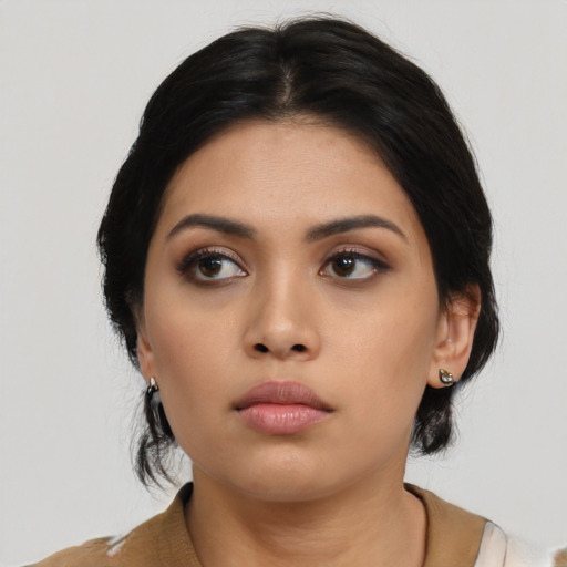 Neutral asian young-adult female with medium  black hair and brown eyes