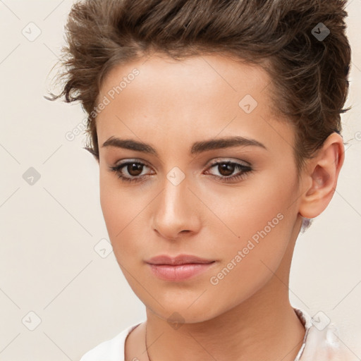 Neutral white young-adult female with short  brown hair and brown eyes