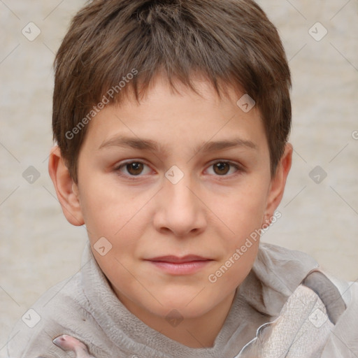 Joyful white child male with short  brown hair and brown eyes