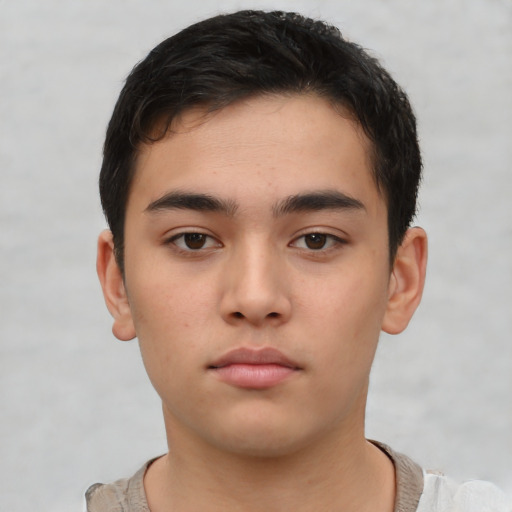 Neutral asian young-adult male with short  black hair and brown eyes
