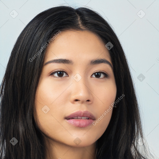 Neutral asian young-adult female with long  brown hair and brown eyes