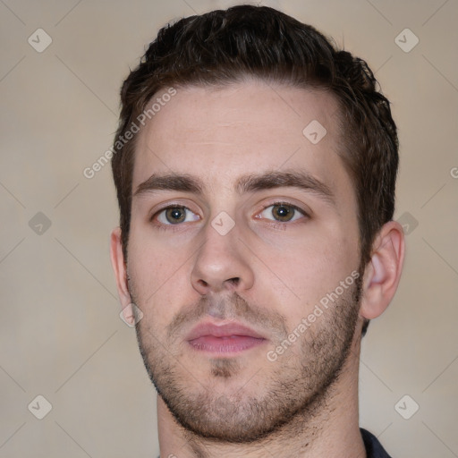 Neutral white young-adult male with short  brown hair and grey eyes