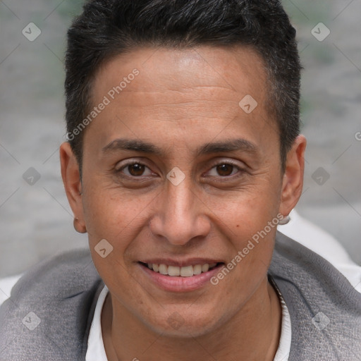 Joyful white adult male with short  brown hair and brown eyes