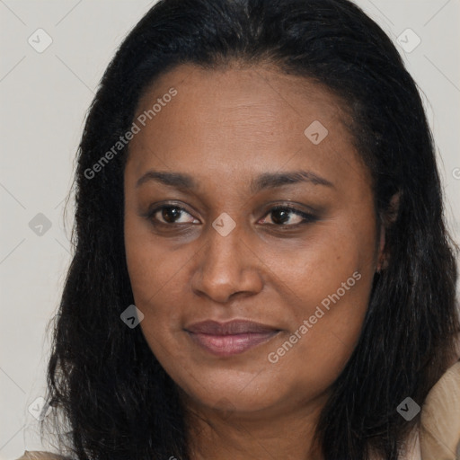 Joyful latino young-adult female with long  brown hair and brown eyes