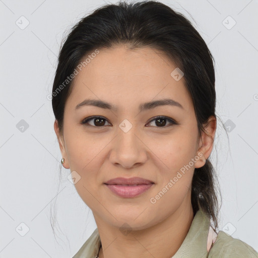 Joyful asian young-adult female with medium  brown hair and brown eyes