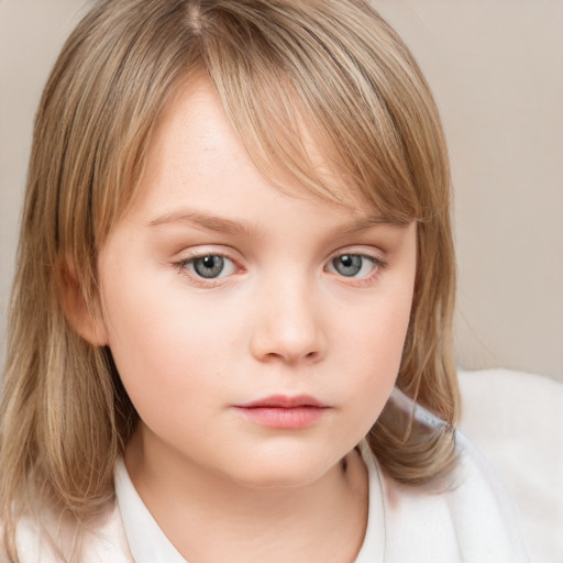 Neutral white child female with medium  brown hair and grey eyes