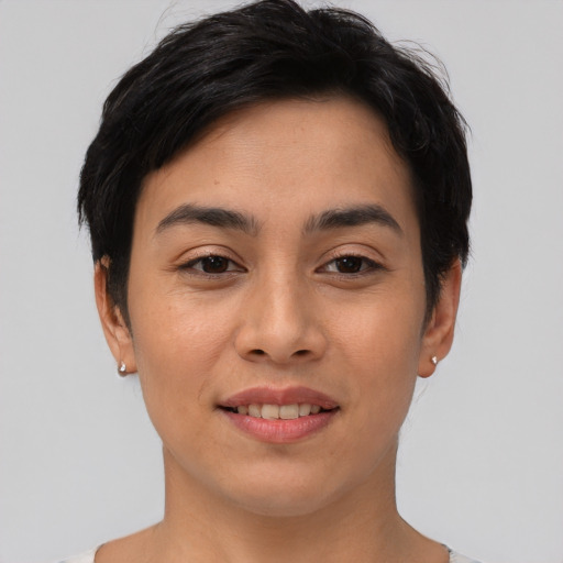 Joyful asian young-adult female with short  black hair and brown eyes