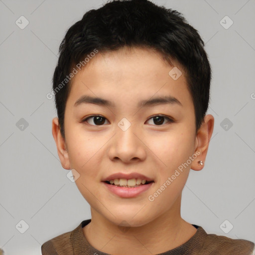 Joyful asian young-adult female with short  brown hair and brown eyes