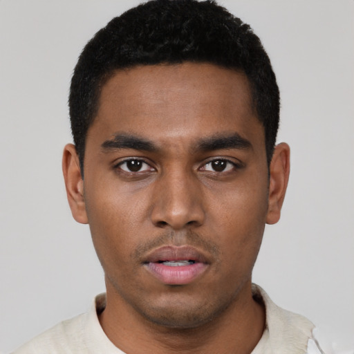 Neutral black young-adult male with short  black hair and brown eyes