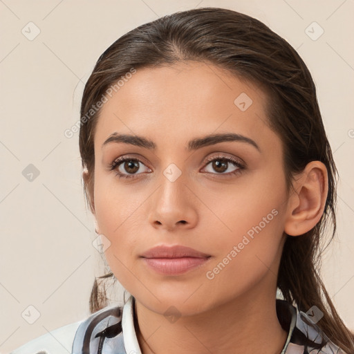 Neutral white young-adult female with medium  brown hair and brown eyes