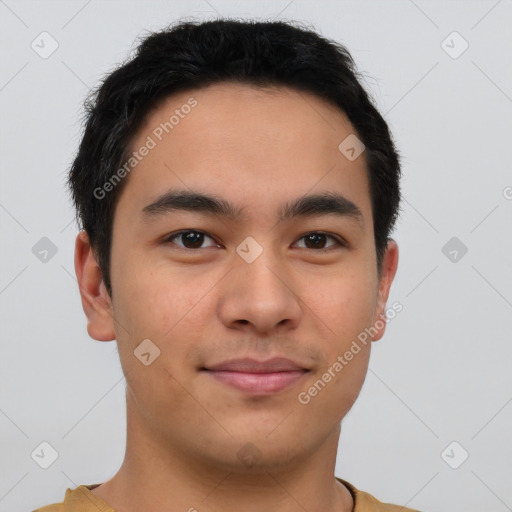 Joyful asian young-adult male with short  brown hair and brown eyes