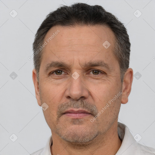 Neutral white adult male with short  brown hair and brown eyes