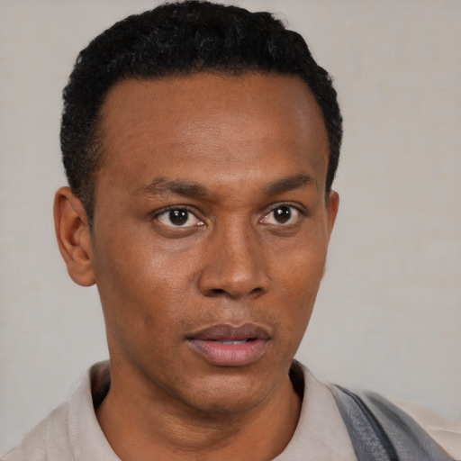 Neutral black young-adult male with short  black hair and brown eyes