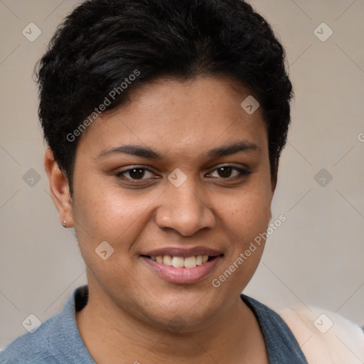 Joyful latino young-adult female with short  brown hair and brown eyes