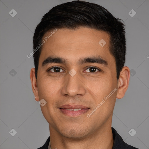 Joyful white young-adult male with short  black hair and brown eyes