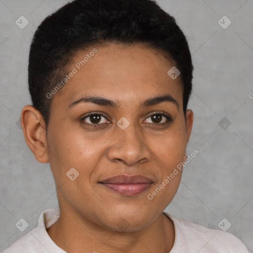 Joyful latino young-adult female with short  brown hair and brown eyes