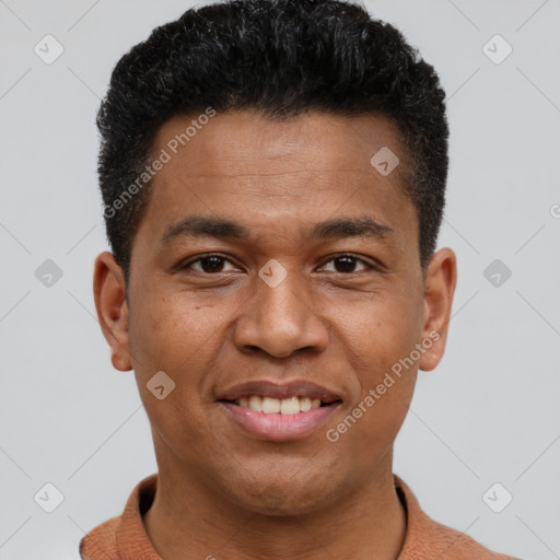 Joyful latino young-adult male with short  brown hair and brown eyes