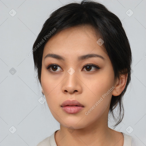 Neutral asian young-adult female with medium  black hair and brown eyes