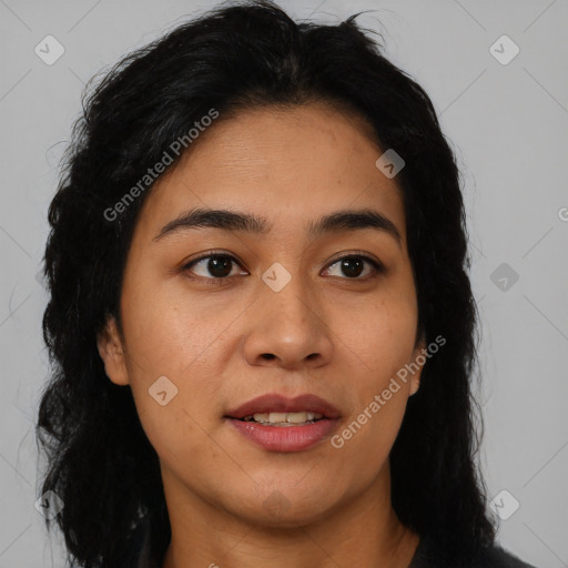 Joyful latino young-adult female with medium  black hair and brown eyes