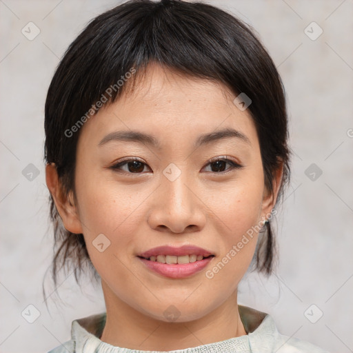 Joyful asian young-adult female with medium  brown hair and brown eyes