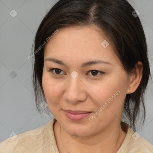 Joyful white young-adult female with medium  brown hair and brown eyes