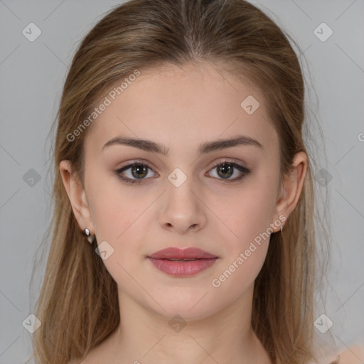 Neutral white young-adult female with medium  brown hair and brown eyes