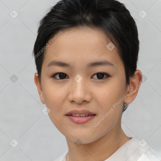 Joyful asian young-adult female with short  brown hair and brown eyes