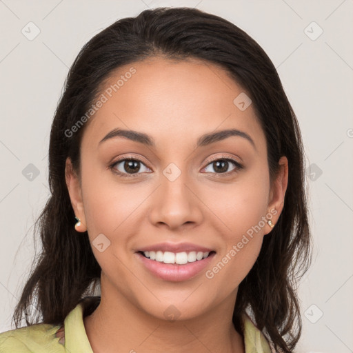 Joyful white young-adult female with medium  brown hair and brown eyes