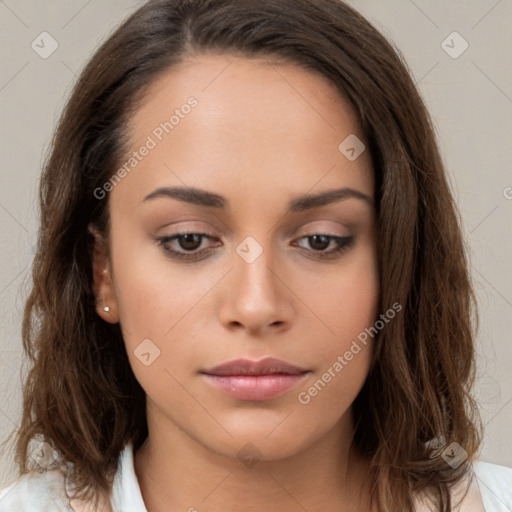 Neutral white young-adult female with long  brown hair and brown eyes