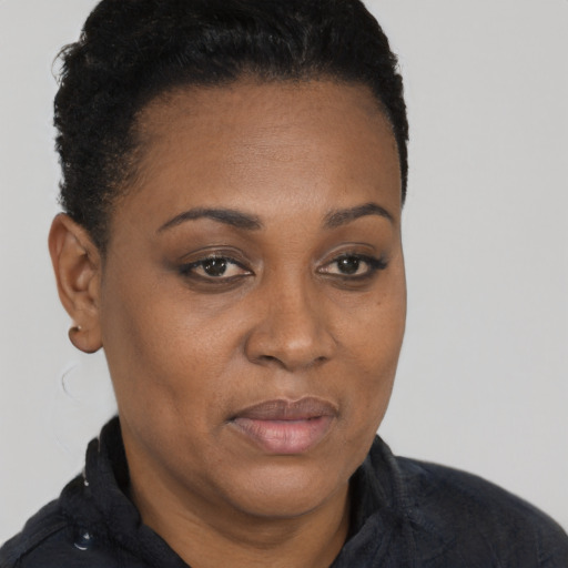 Joyful black young-adult female with short  brown hair and brown eyes