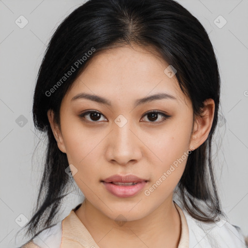 Neutral asian young-adult female with medium  black hair and brown eyes