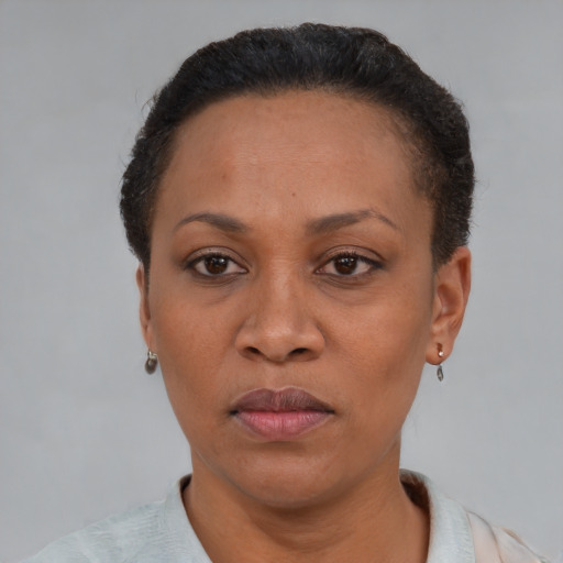 Neutral black adult female with short  black hair and brown eyes