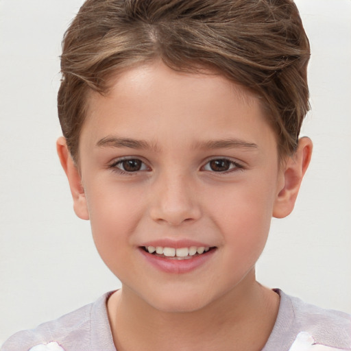 Joyful white child female with short  brown hair and brown eyes