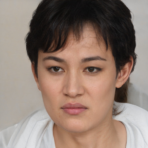 Neutral asian young-adult female with short  brown hair and brown eyes