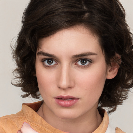 Neutral white young-adult female with medium  brown hair and brown eyes