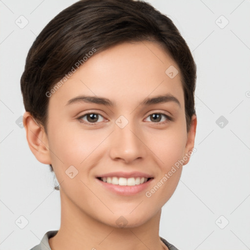 Joyful white young-adult female with short  brown hair and brown eyes