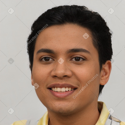 Joyful latino young-adult female with short  black hair and brown eyes