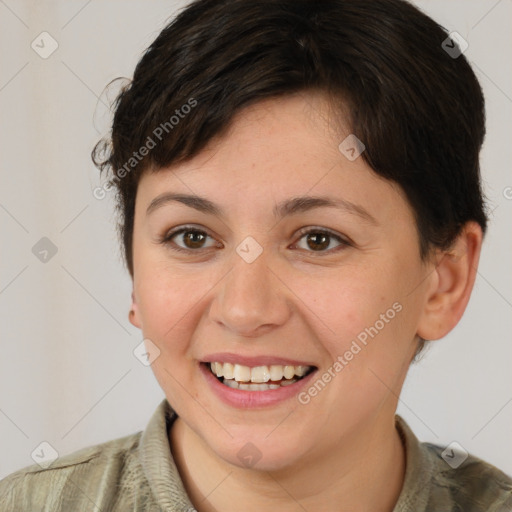 Joyful white young-adult female with medium  brown hair and brown eyes