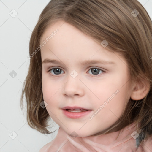 Joyful white child female with medium  brown hair and brown eyes