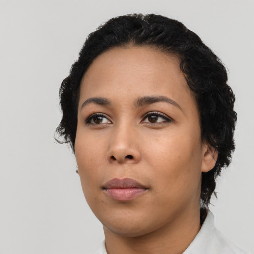 Neutral latino young-adult female with short  black hair and brown eyes