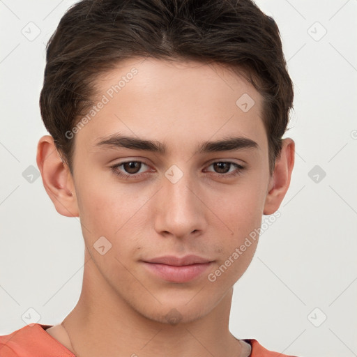 Neutral white young-adult male with short  brown hair and brown eyes