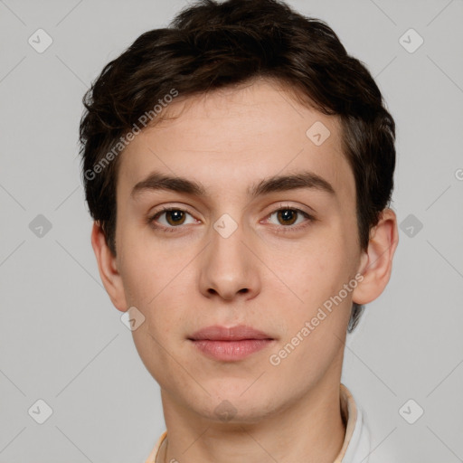 Neutral white young-adult male with short  brown hair and brown eyes