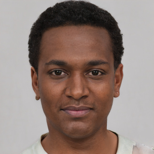 Neutral black young-adult male with short  black hair and brown eyes