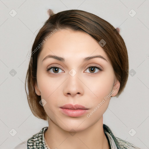 Neutral white young-adult female with medium  brown hair and brown eyes